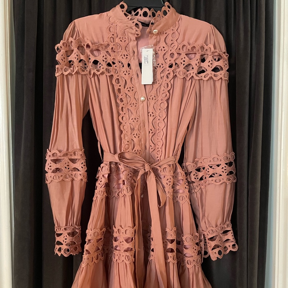 Ina Pink Tiered Tie Front Sundress with Bishop Sleeves - Picture 1 of 4